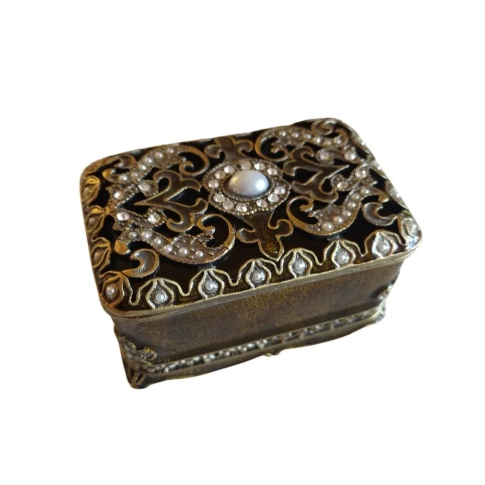 Vintage Heirloom Brass Box Enamel Embellished Treasure Trinket Box Collectible